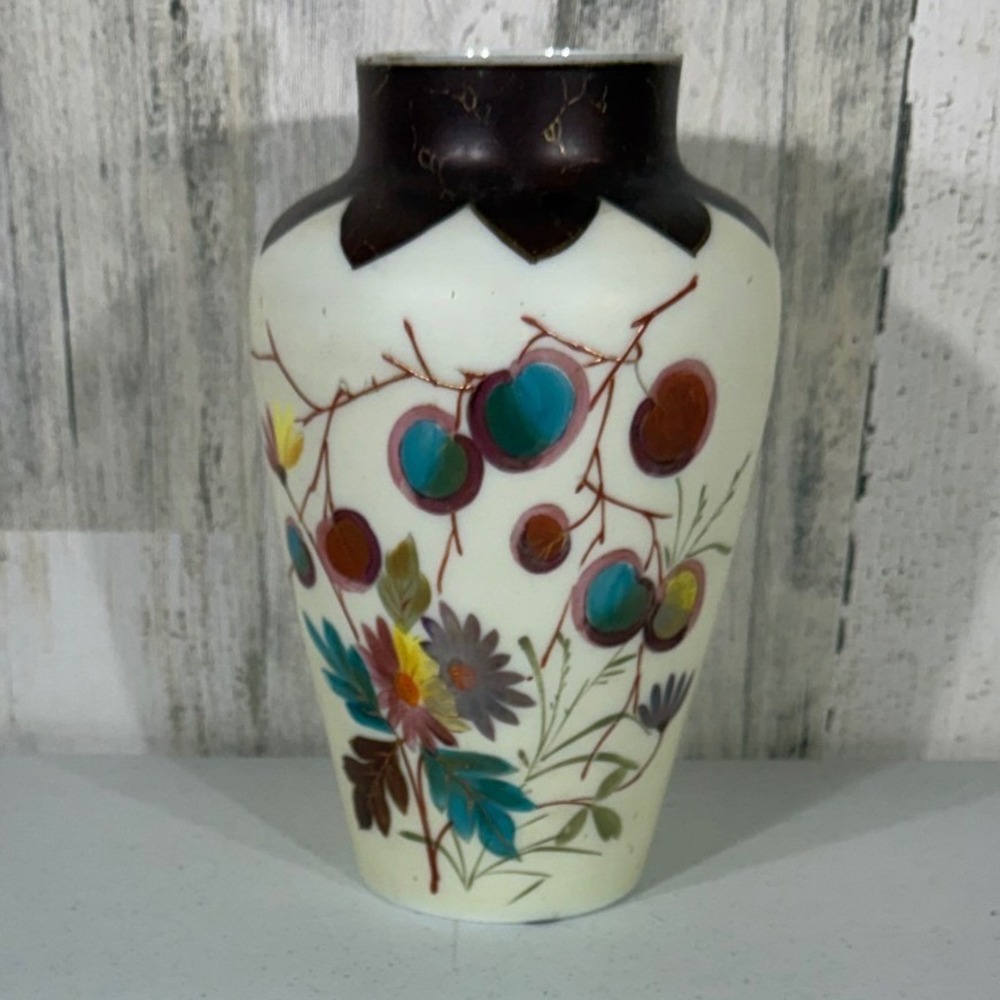 Vintage Glass Vase 9in Cream Floral Fruit Hand Painted Cottagecore Shabby
